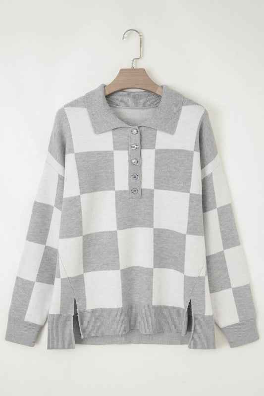 Plus Size Checker Buttoned Polo Collar Sweater 2dcf18f8-dde0-400b-a308-7ce8663e6bb2