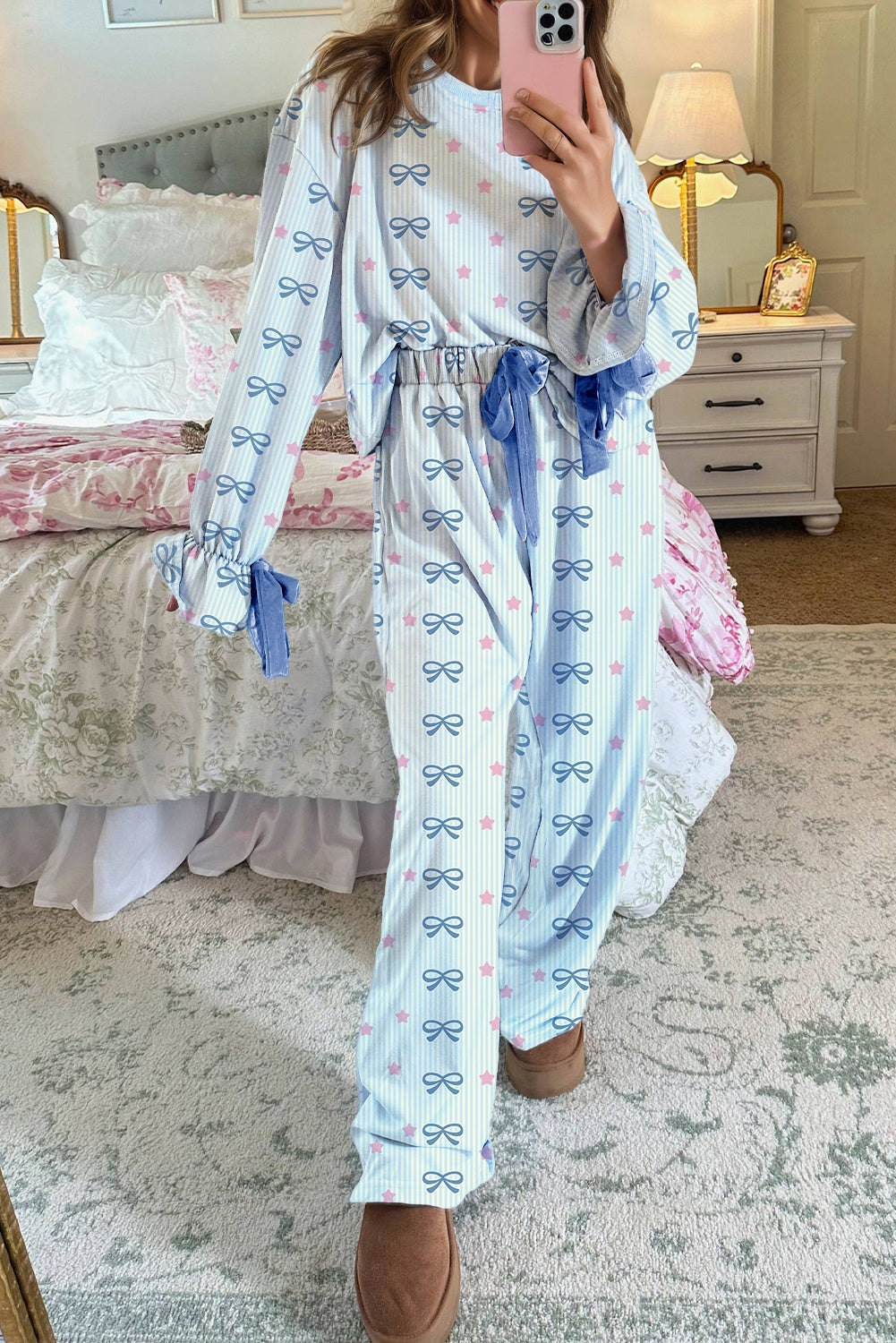 Sky Blue Stripe Bow Star Print Tied Detail 2pcs Lounge Set 2e2c68348bd63980