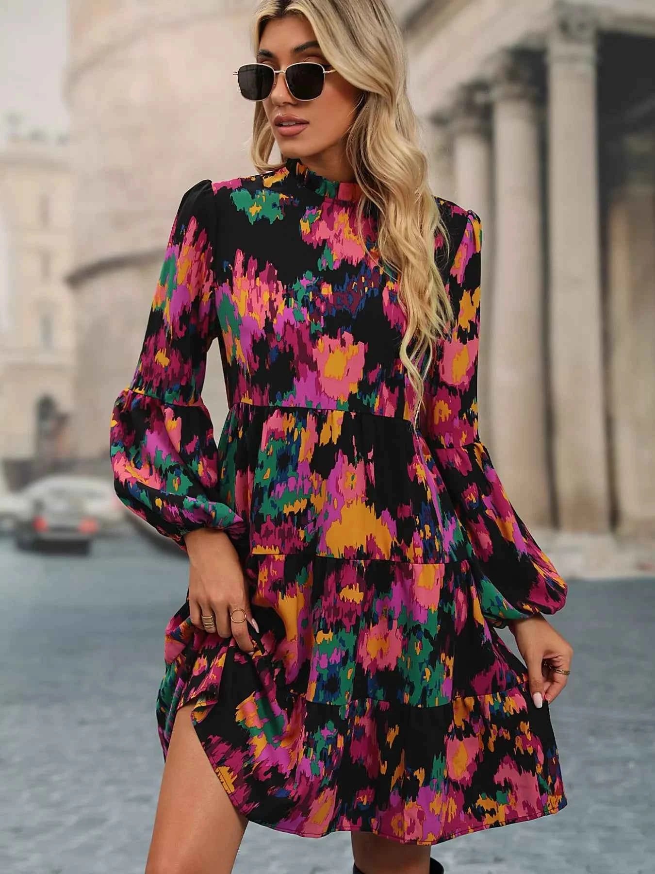 Printed Balloon Sleeve Mini Dress 2e406019-b765-4694-9612-6ab483a2f264-Max-Origin
