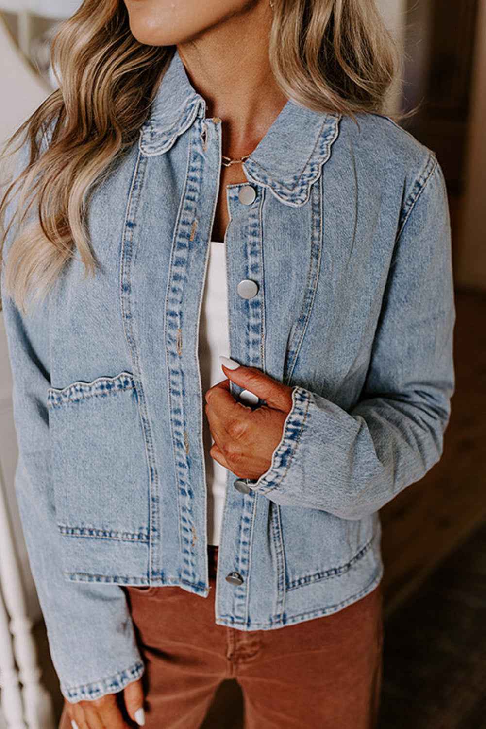Myosotis Scallop Trim Collar Pocket Button Up Denim Jacket Myosotis 75%Cotton+25%Polyester 2e8dfed88d6b8be7