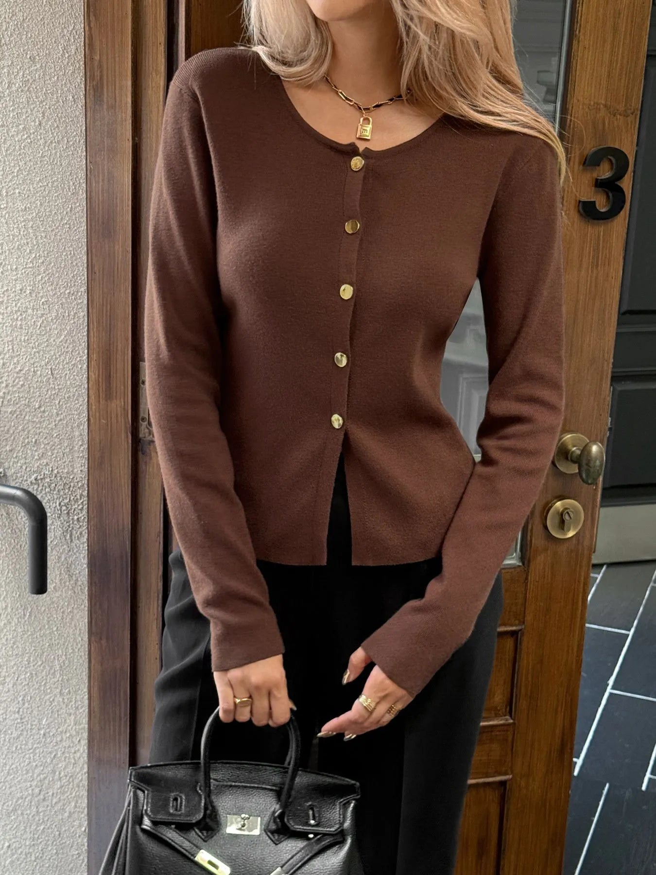 Button-Up Long Sleeve Knit Cardigan Brown 2f3cc088-cd6e-4b05-be0e-437f255d1607-Max-Origin