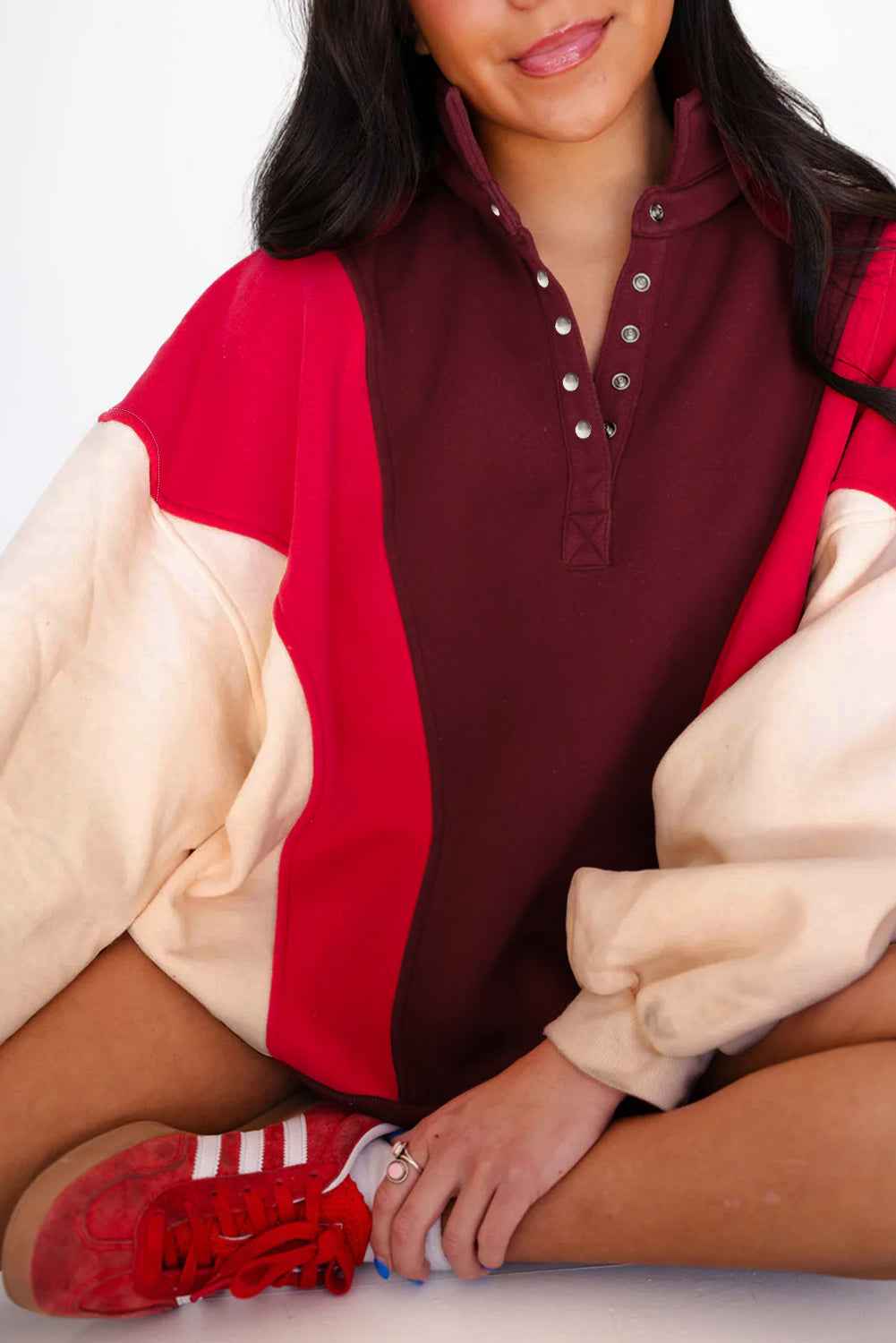 Fiery Red Colorblock Patchwork Oversized Sweatshirt 2f462fa5e69f6577