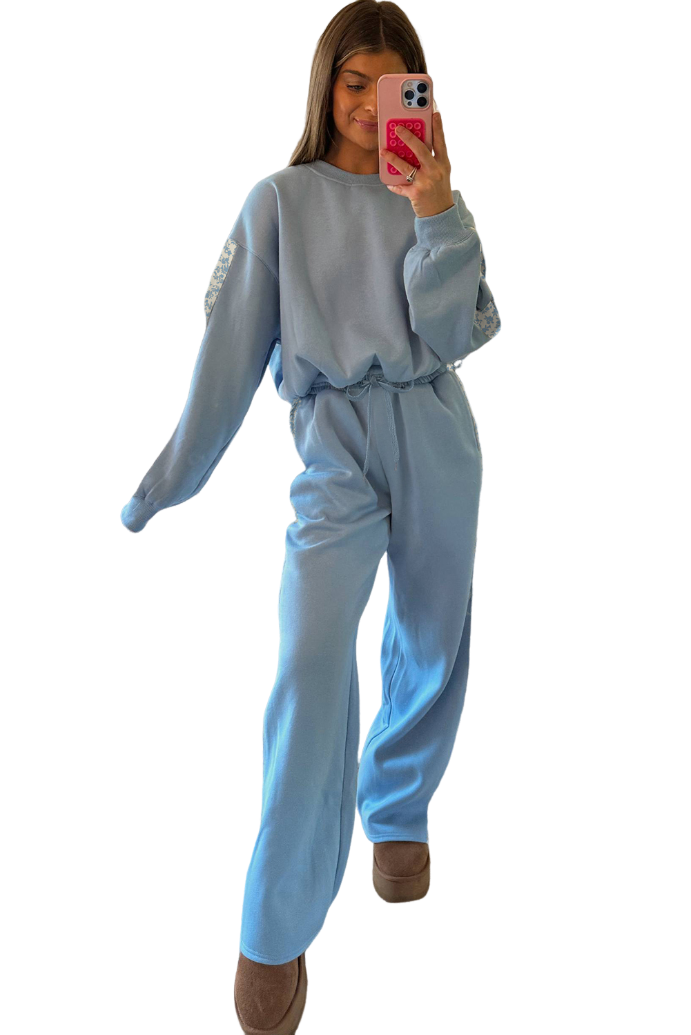Beau Blue Floral Patchwork Drop Shoulder Pullover and Sweatpants Lounge Set Beau Blue 65%Polyester+35%Cotton 2fa340e377a97459