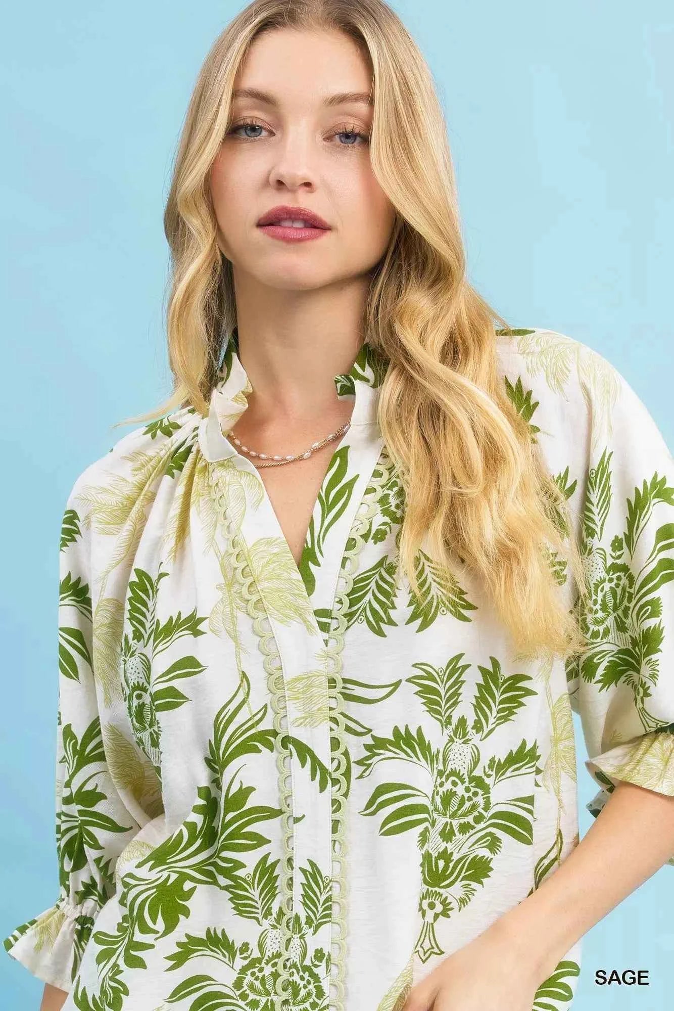 Umgee Leafy Damask Print Blouse with Contrast Scalloped Trim Detail 2fca7166-f85c-45ad-b256-0c38bdd4db55-Max-Origin