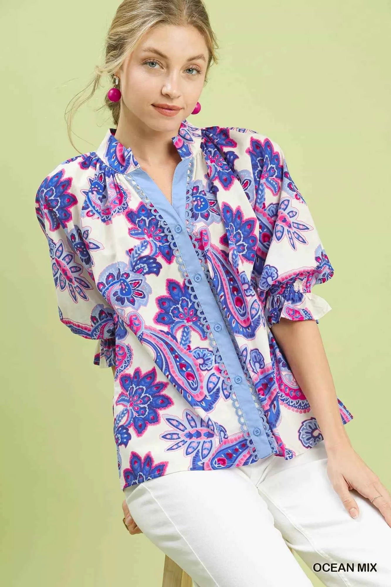 Umgee Paisley Print Button Front Blouse with Scallop Trim Detail 2fddafe6-cf19-4699-92a4-b38d4284660b-Max-Origin