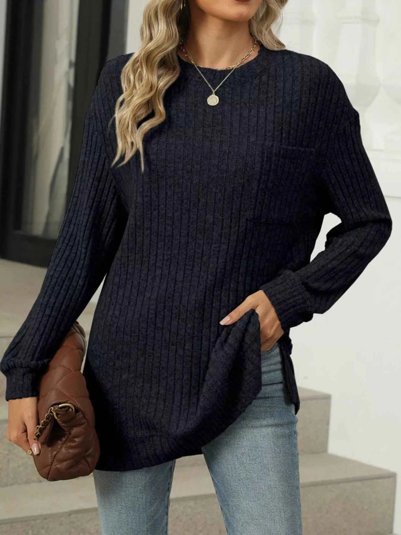 Ribbed Knit Round Neck Sweater 2fe27efd-dc97-4345-bae1-71519864156c-Max-Origin