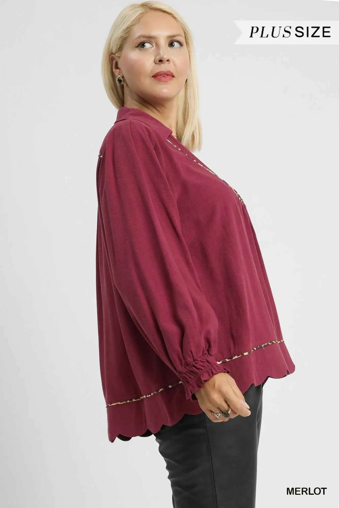 Umgee Full Size Linen Scallop Hem Blouse with Contrast Trim Plus Size 302bfb71-2455-43df-9762-1a46553de6db-Max-Origin