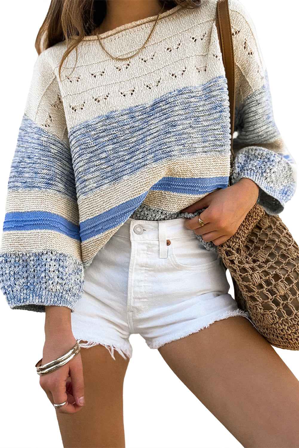 Light Blue Striped Hollow Out Puff Sleeve Sweater 306c344523959ca6