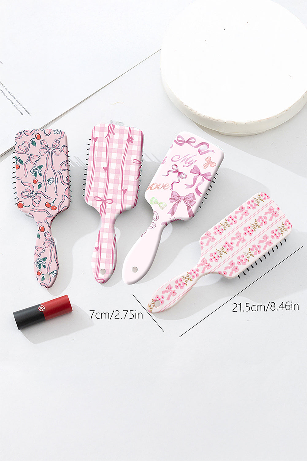 Pink Flower and Bow Printed Striped Hair Cushion Comb 3085d94c38085b46
