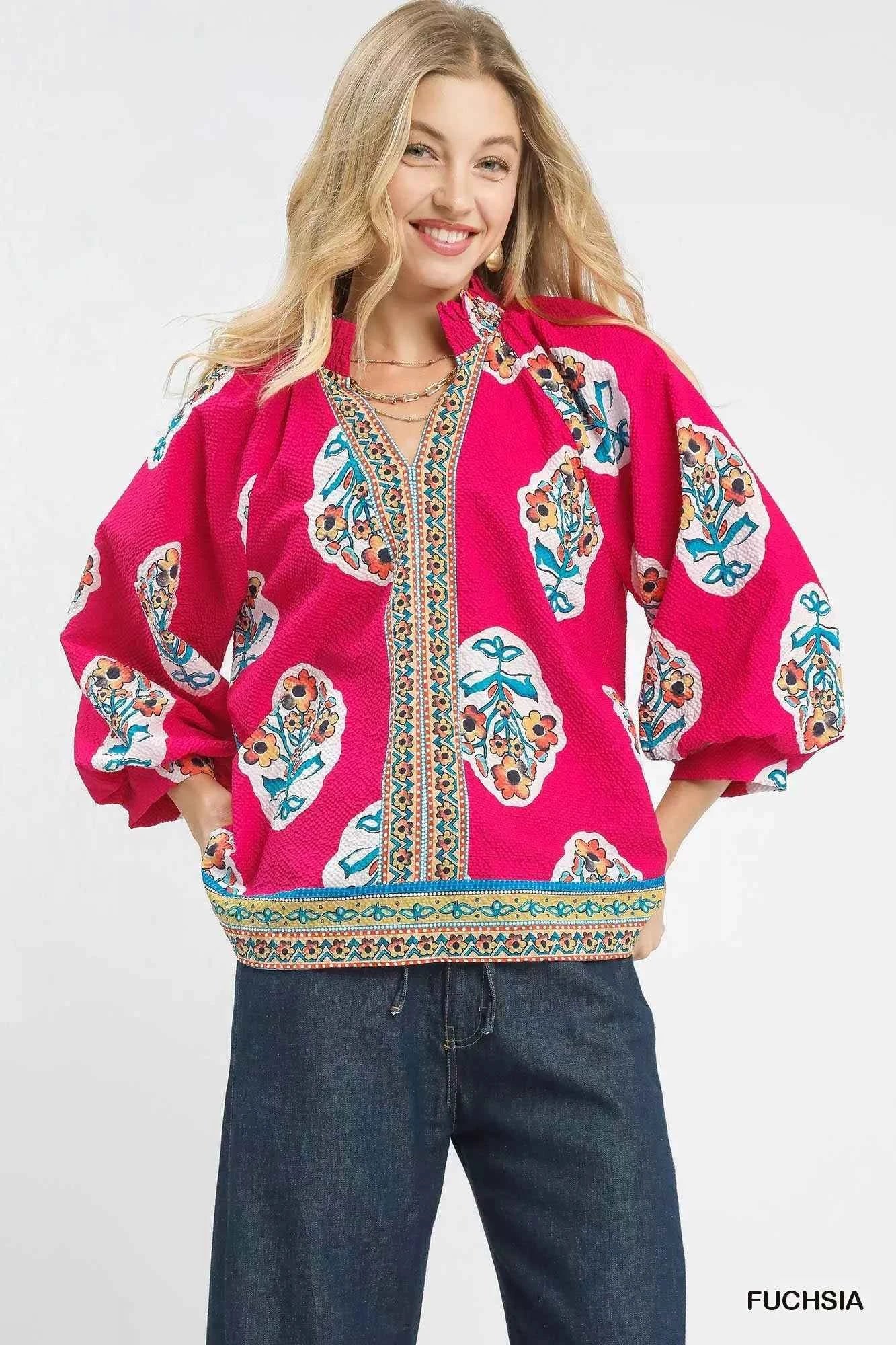 Umgee Boho Floral Print Tunic Blouse FUCHSIA 30aaeeb4-cf82-4943-834f-2b9a7e273df9-Max-Origin