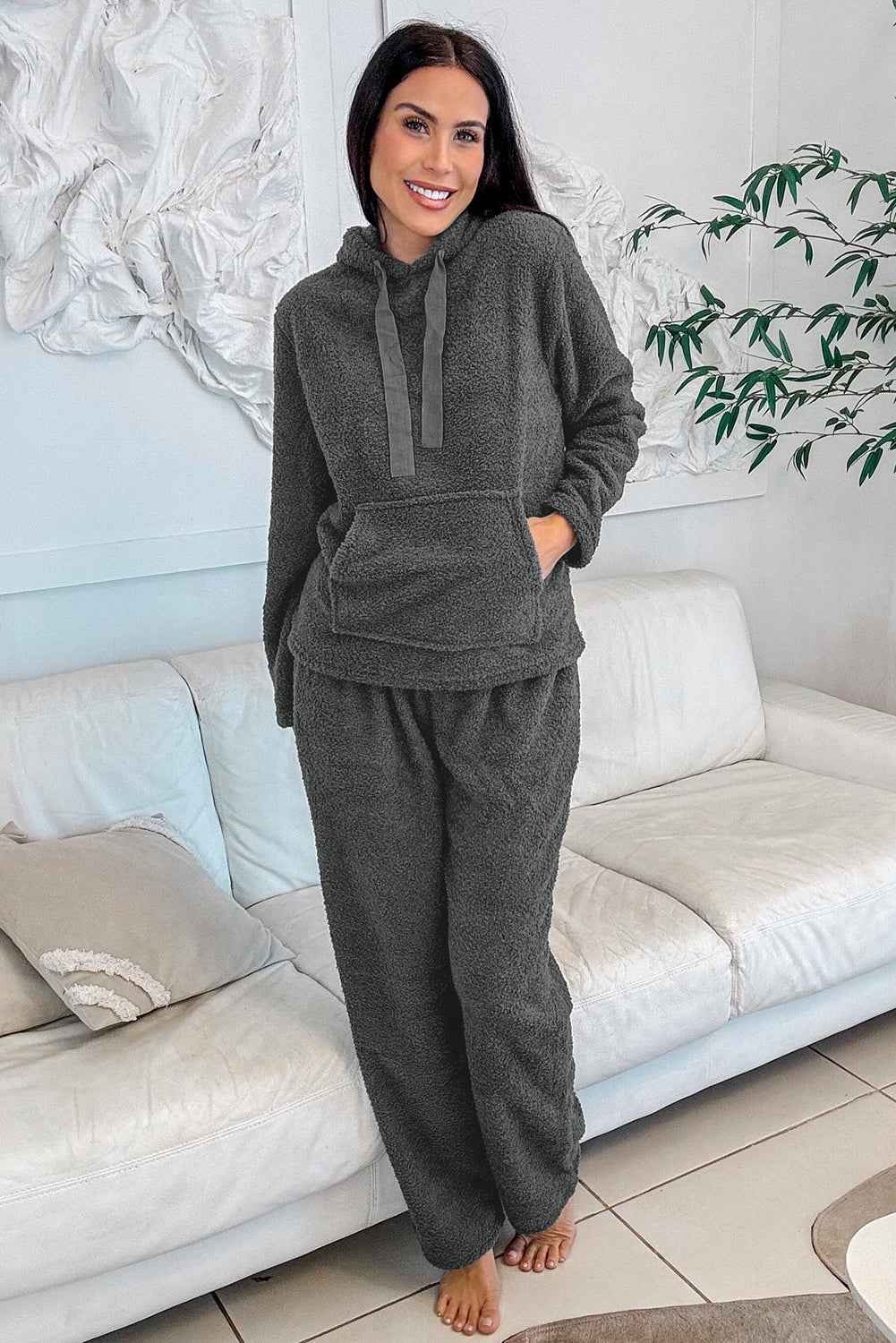 Medium Grey Fuzzy Drawstring Hoodie Lounge Pants 2pcs Set 30e1e7ba3f082d6b