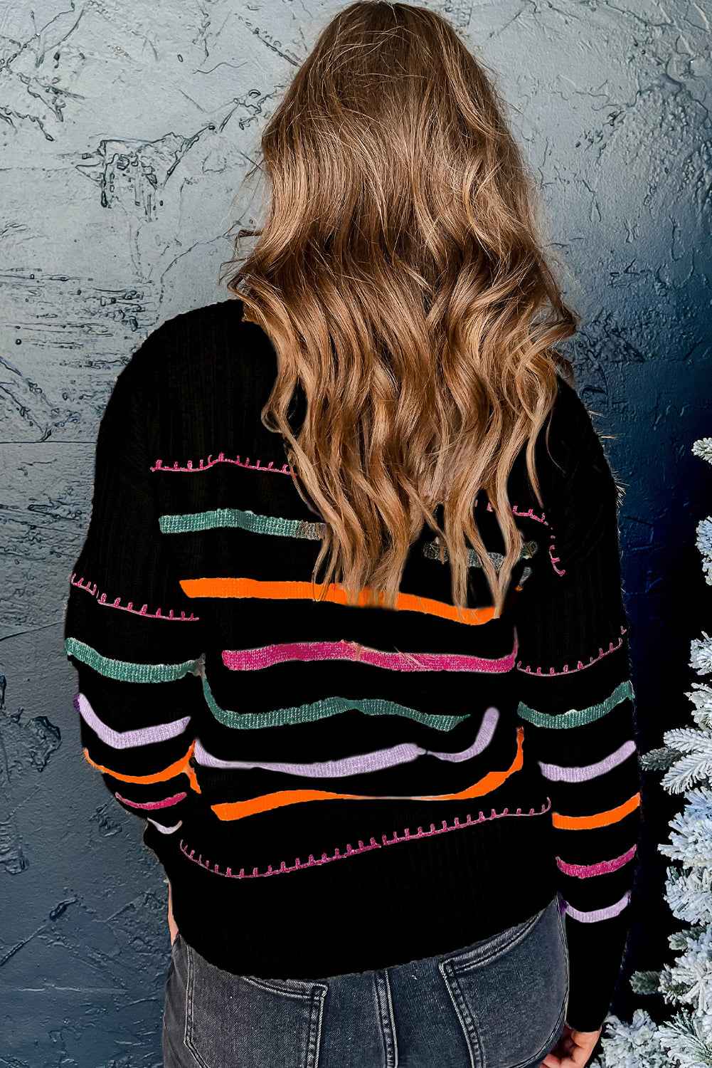 Black Colorful Striped Ribbed Trim Round Neck Sweater 30f438ee9ea2f3cc