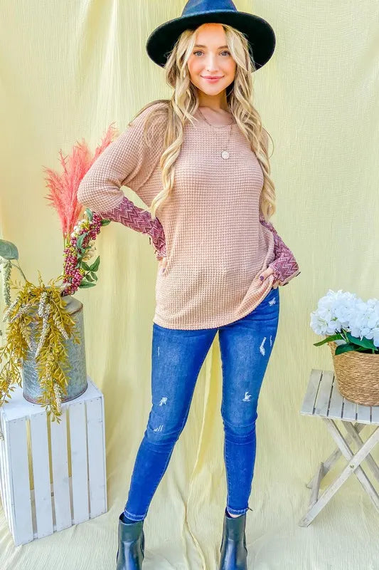 And The Why Button Detail Printed Sleeve Waffle Knit Top 30fba0f94d9f42be8e520839b6af0463-Max-Origin