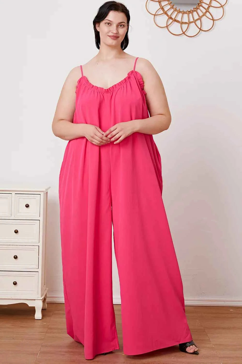 Double Take Full Size Ruffle Trim Tie Back Cami Jumpsuit with Pockets 311393dd-8dca-4c8c-99d8-2c8543909bbb-Max