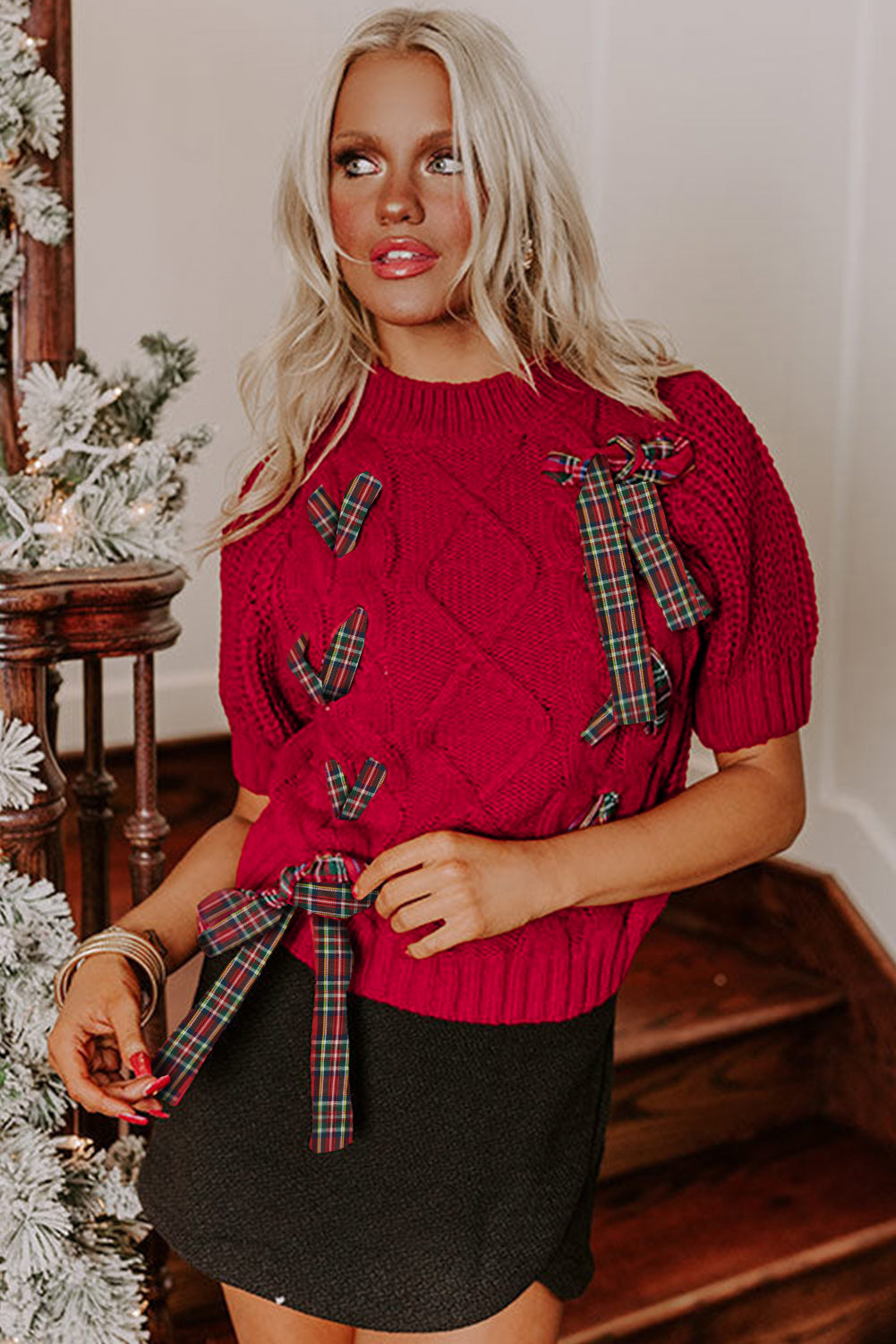 Fiery Red Plaid Lace-up Detail Christmas Holiday Puff Short Sleeve Sweater