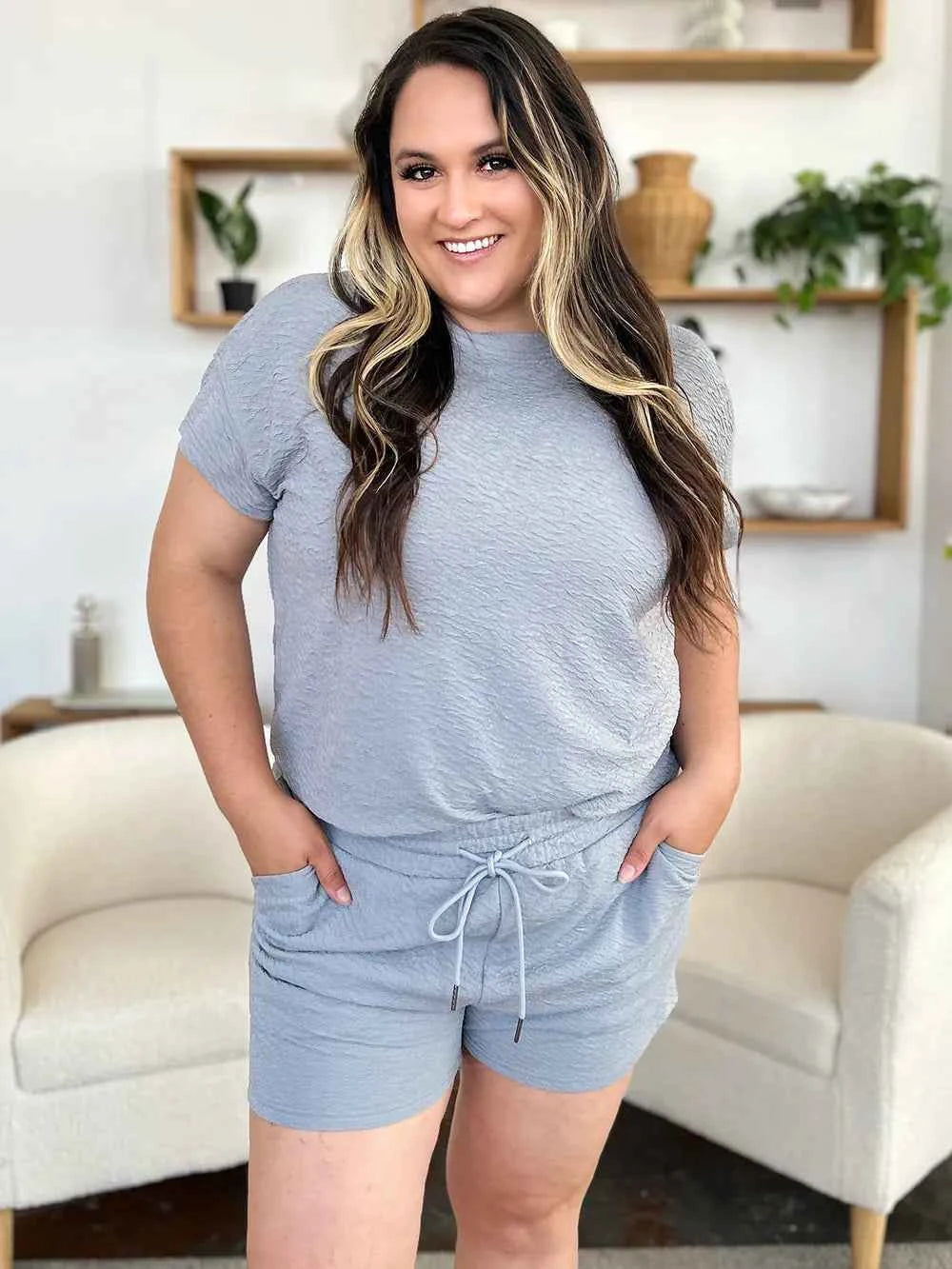 Double Take Full Size Texture Short Sleeve T-Shirt and Drawstring Shorts Set 31519802-5c86-4769-b581-67cacce76504-Max