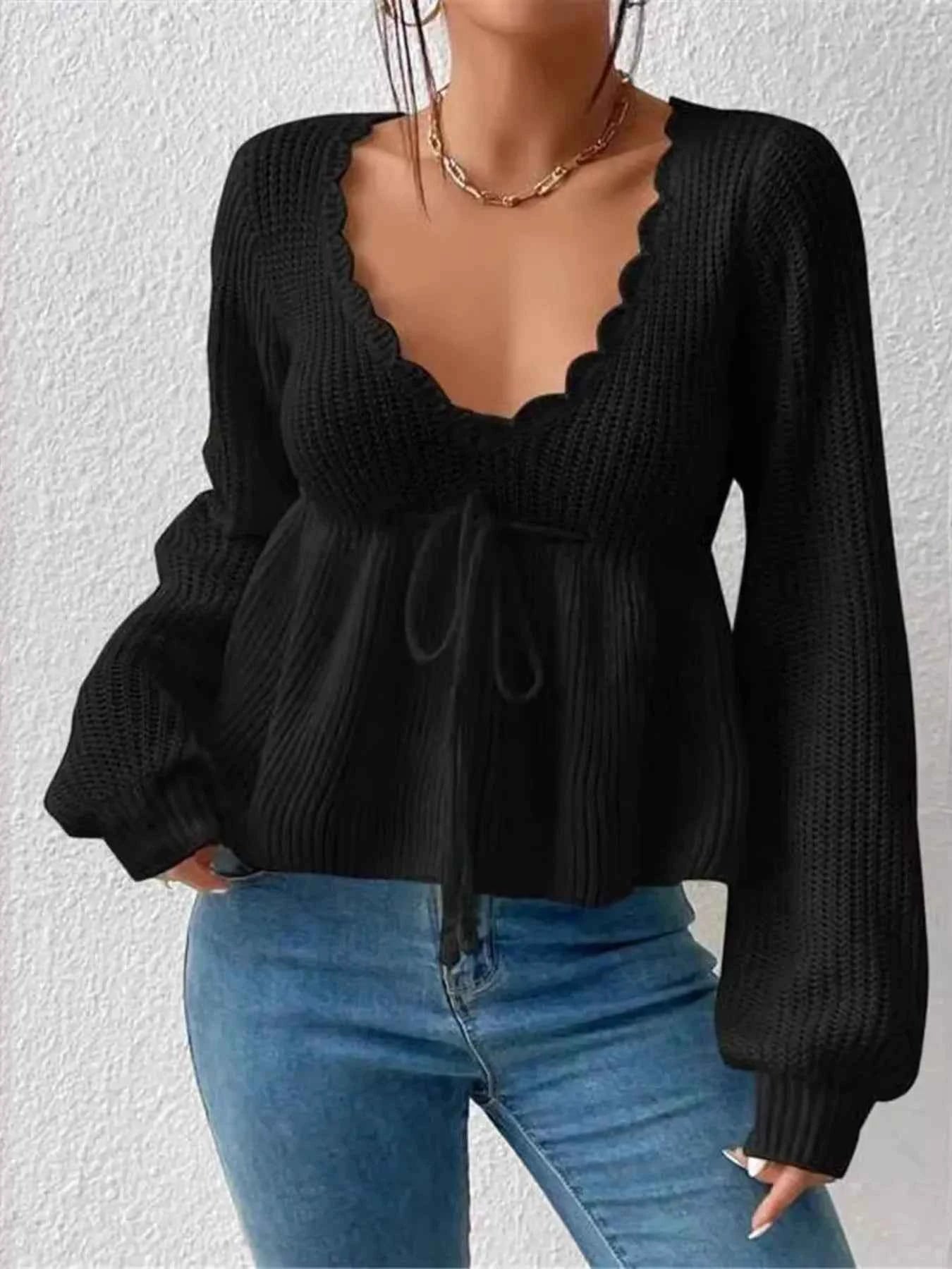 Scalloped V-Neck Drawstring Knit Top 3154416e-f901-4aa1-8b87-7fc92fbd9068-Max-Origin