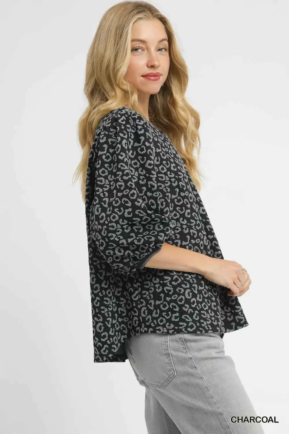 Umgee Leopard Print Jacquard Blouse with Puff Sleeves 31915251-7179-4bf8-9fc9-fc65b860727b-Max