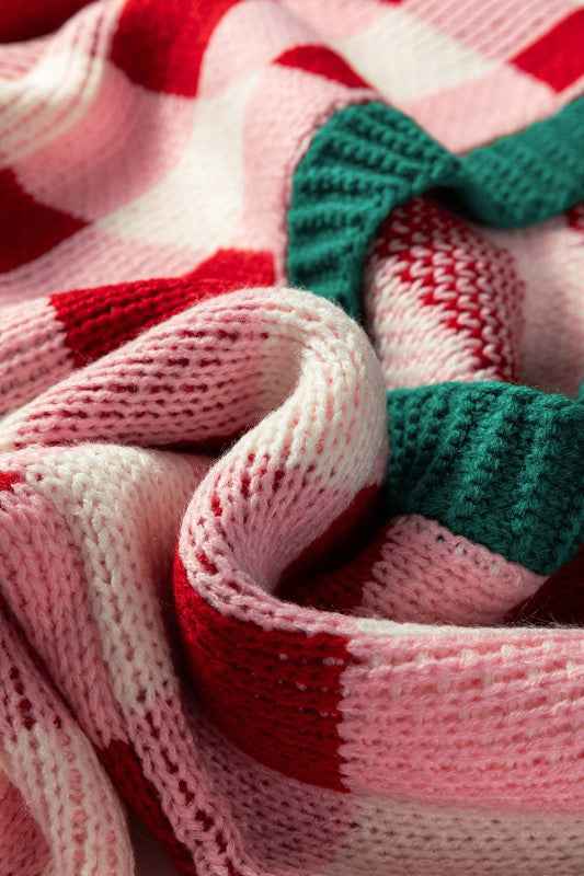 Plaid Bow Open Front Sweater Knit Cardigan