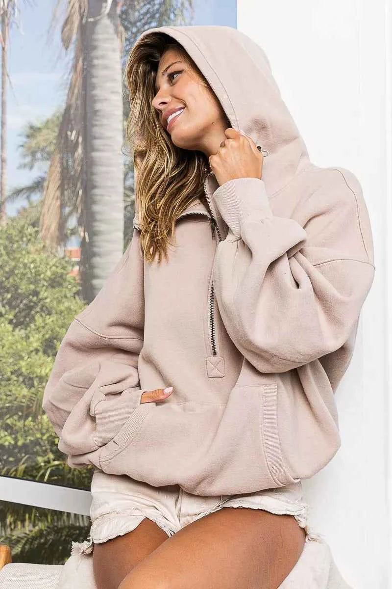 BiBi Stitch Detailed Elastic Hem Half Zip Fleece Hoodie 31c0d45c-922b-4a19-b097-8f429c9822d2-Max-Origin