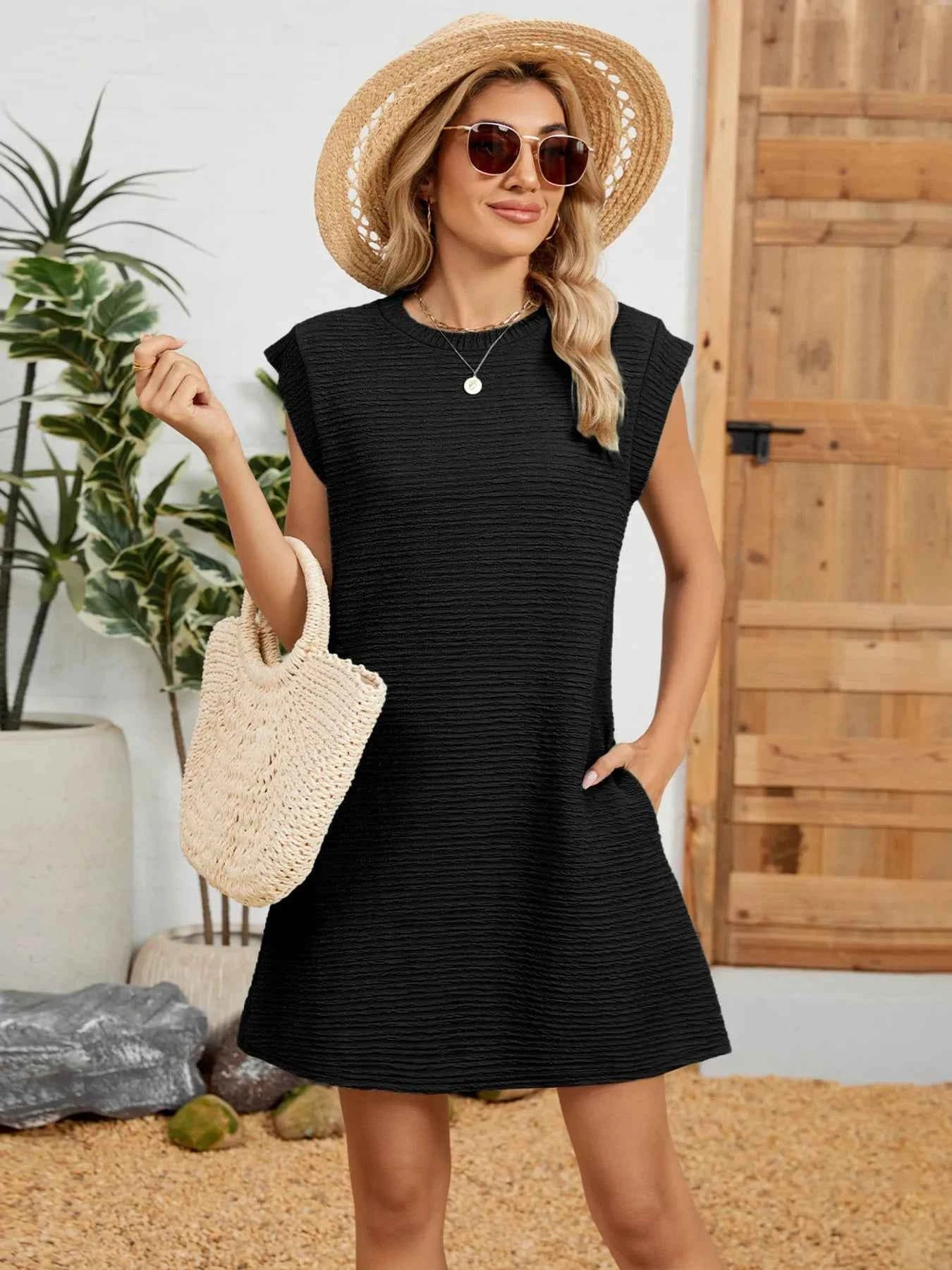 Round Neck Cap Sleeve Mini Dress Black 31e372da5d554cdc8638b7c86e8258cf-Max-Origin
