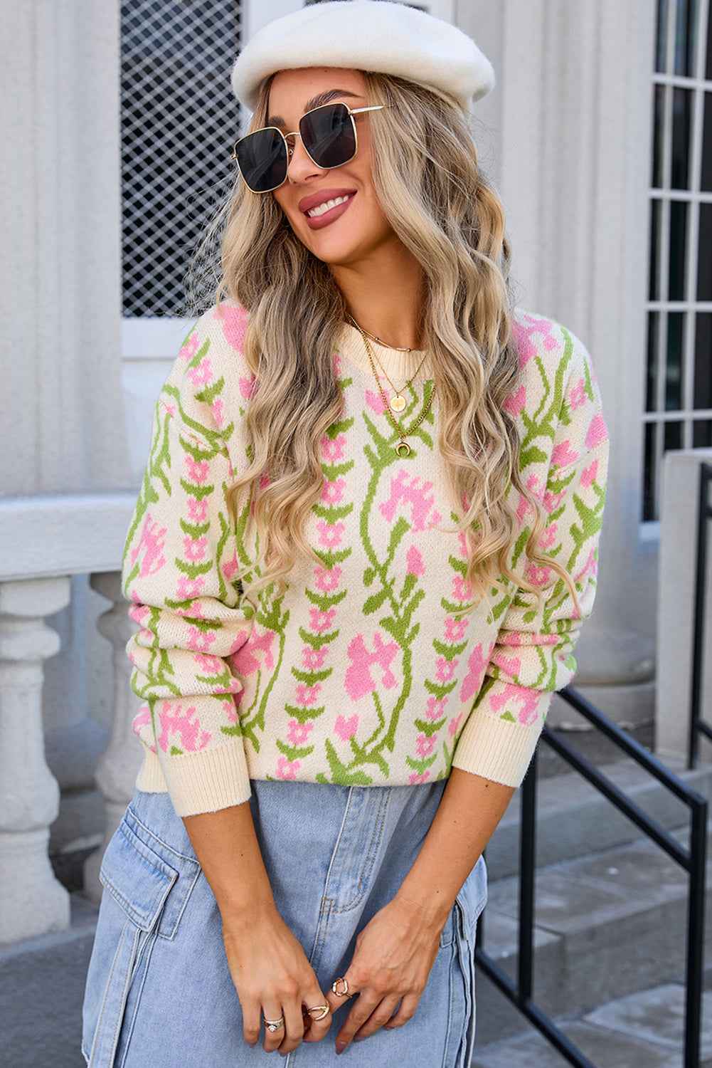 Beige Boho Floral Print Round Neck Sweater 3202f815bbbecbd5