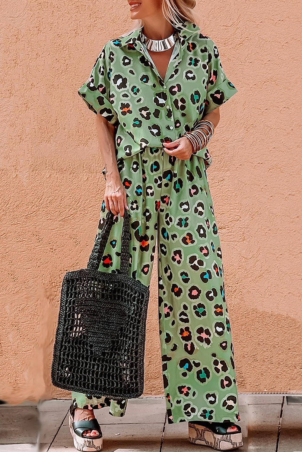 Green Leopard Print Short Sleeve Shirt and Wide Leg Pants Set Green 100%Polyester 32b8001c078b3cd8