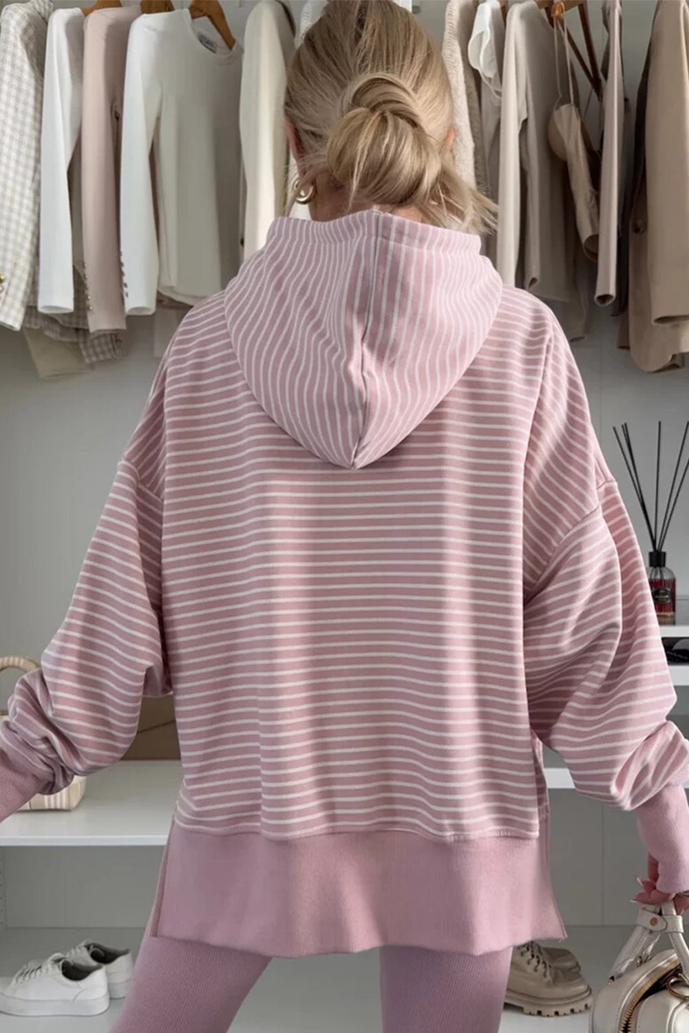 Rose Stripe Thumbhole Side Slits Drop Shoulder Loose Fit Hoodie 3341c5230f0a9b91