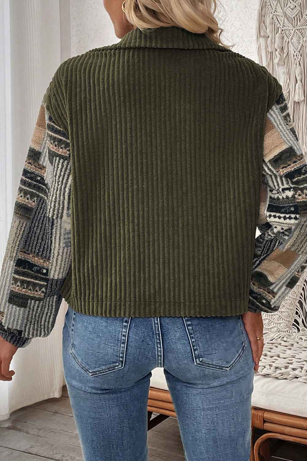 Jungle Green Ribbed Fleece Plaid Print Patchwork Button Up Jacket 337e4c85c771311b