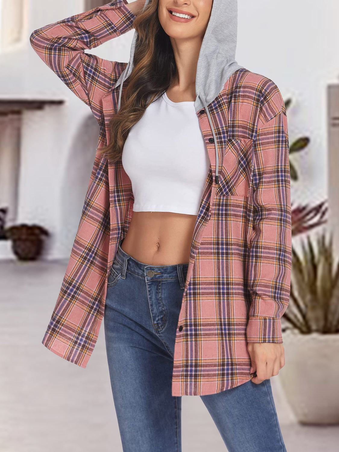 Plaid Drawstring Button Up Hooded Jacket 33bb234db905461cabe64fa6175ee6fe-Max