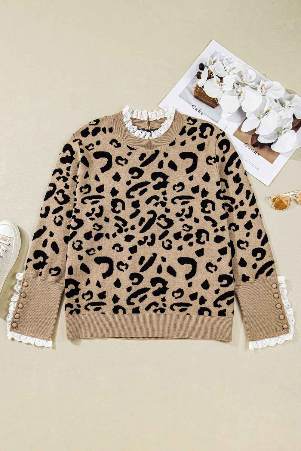 Brown Leopard Knitted Lace Trim Cuffed Plus Size Sweater 33c6a6974f324e24