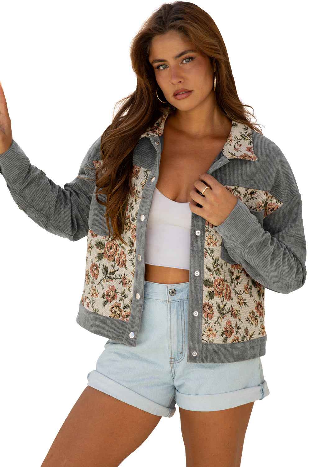 Medium Grey Ribbed Retro Floral Patchwork Jacket 33e7294823fc9b16