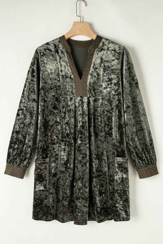 Velvet Long Sleeve V-Neck Side Pocket Dress 33f33ba5-28b3-46b6-b27d-d051fa392e75