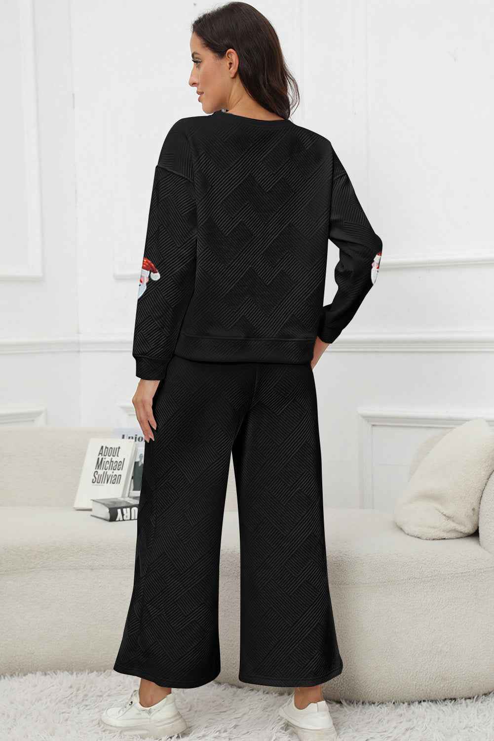 Black Christmas Santa Clause Graphic Sequins Patch Textured Pants Set 3413b2c6f2254235