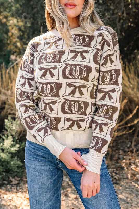 Western Bows & Horseshoes Long Sleeve Sweater Brown M 343618dd-391d-4ef8-9db2-51a00a24e7fb