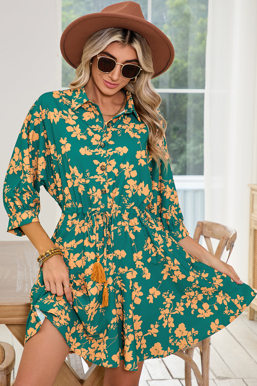 Green Floral Print Drawstring Flowy Short Dress 346b87bd5f6e541d