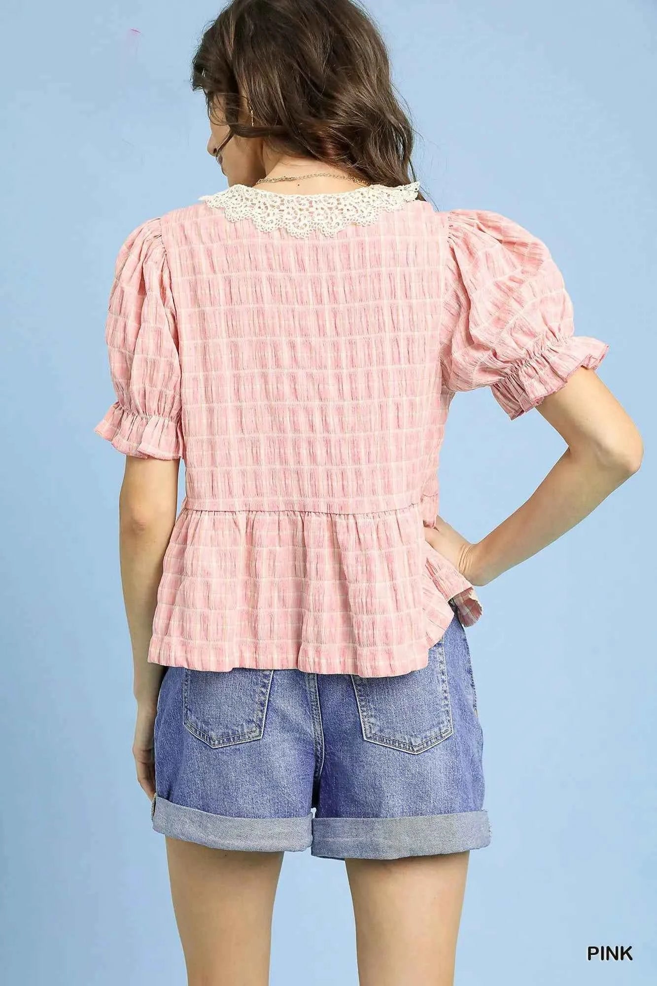 Umgee Short Sleeve Gingham Lace Peplum Blouse 349a2dd7-101d-4e14-8068-b284b92211e4-Max-Origin
