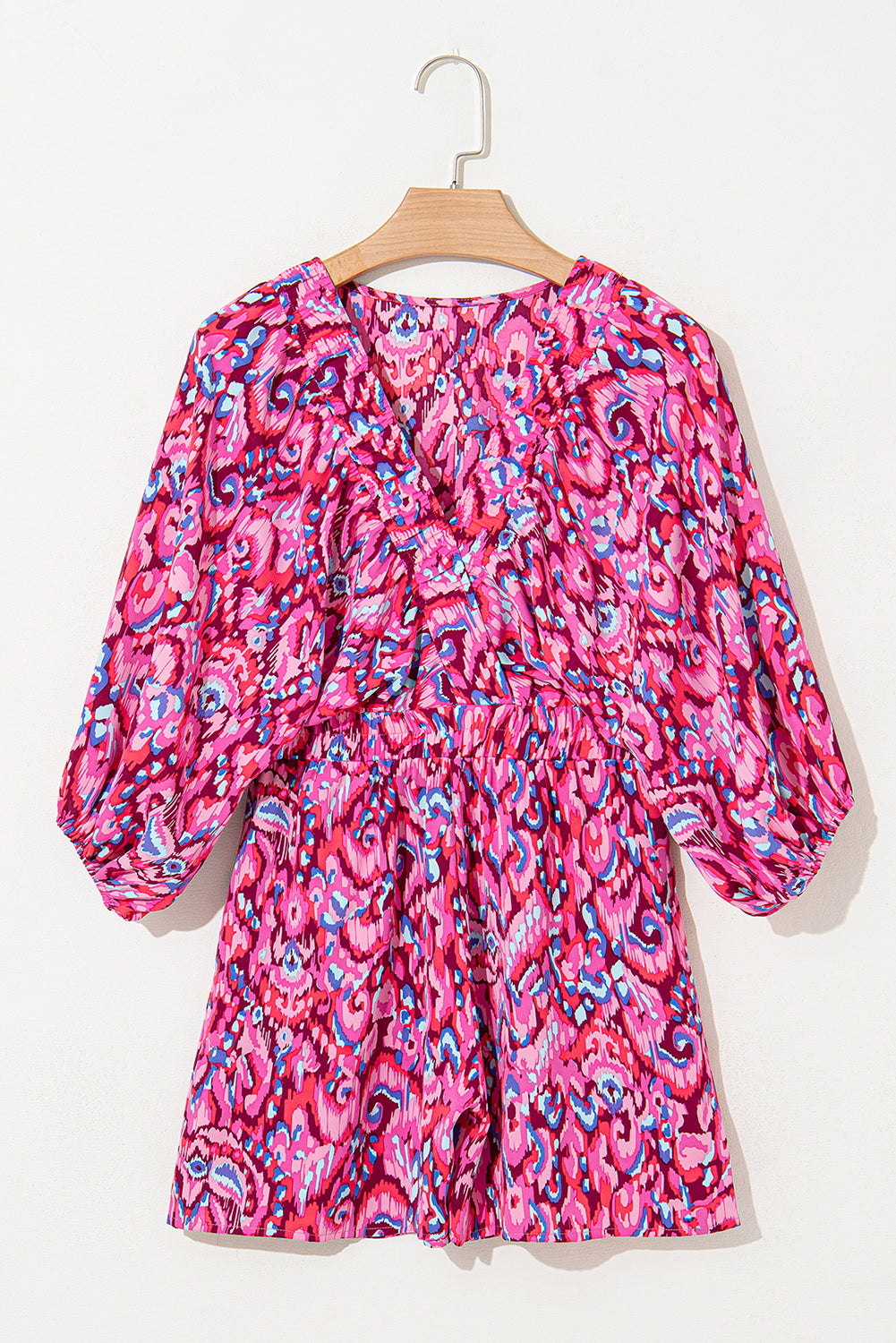 Pink Abstract Print Dolman Sleeve V Neck High Waist Romper 34b9478c6d4bee6e