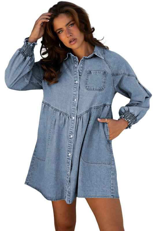 Denim Smocked Cuffs Shirt Mini Dress 34c28831-f212-4762-8efd-55a10726da61