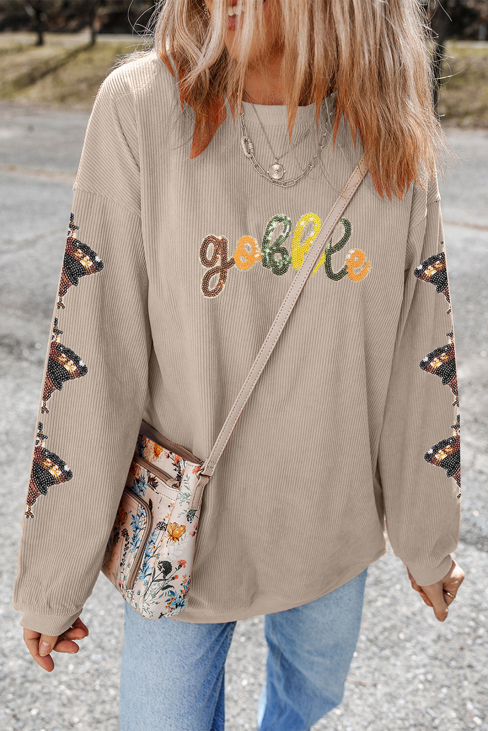 Smoke Gray gobble Turkey Sleeve Sequins Patch Corded Baggy Sweatshirt 34c41423583f57f9