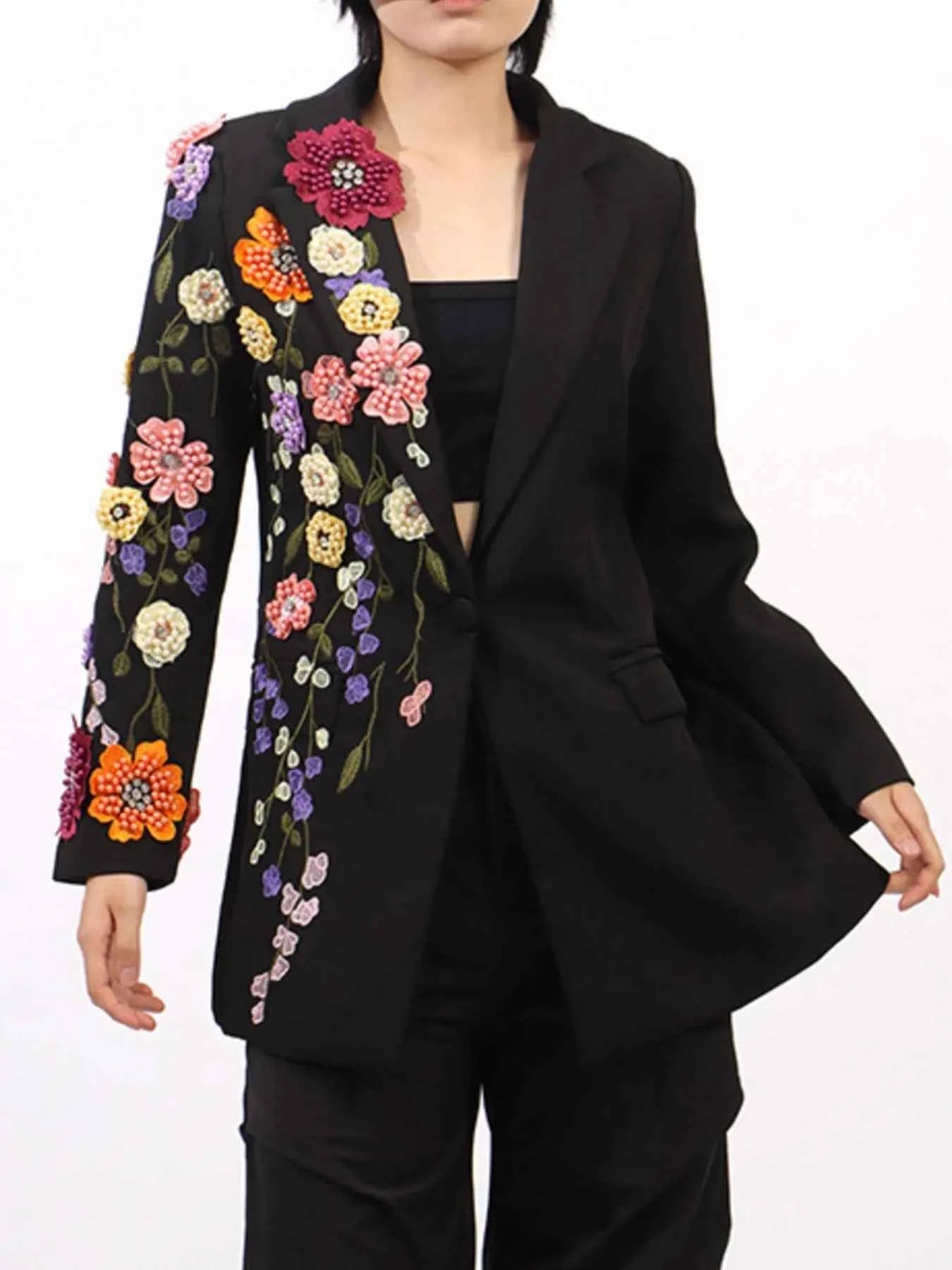 Pearl Detail Flower Lapel Collar Blazer Black 34c84477-4ce4-41ba-9e3e-33600733dfed-Max-Origin