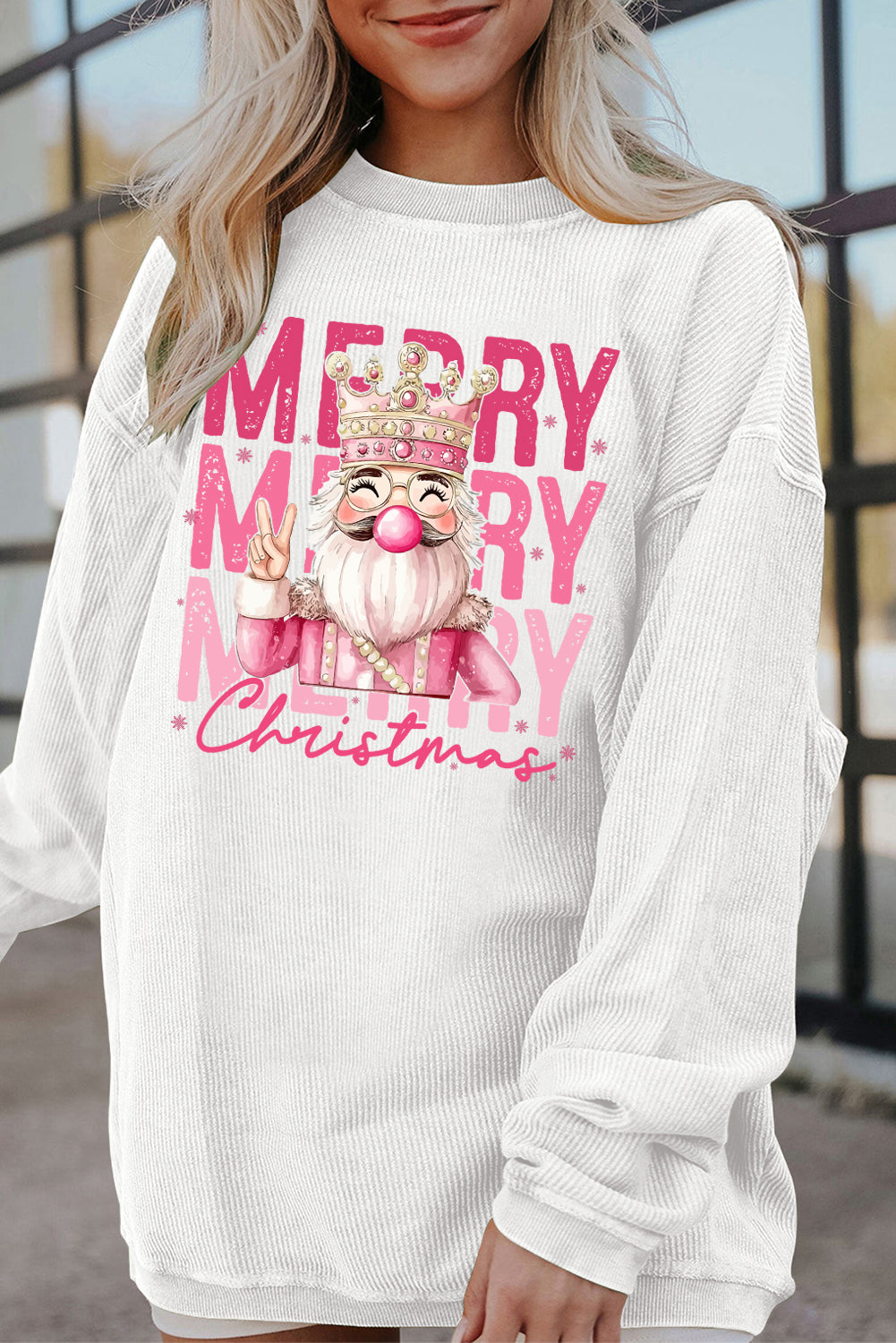 White Twisted Ribbed Merry Christmas Nutcracker King Heat Transfer Printing Sweatshirt 34c992995d944f37