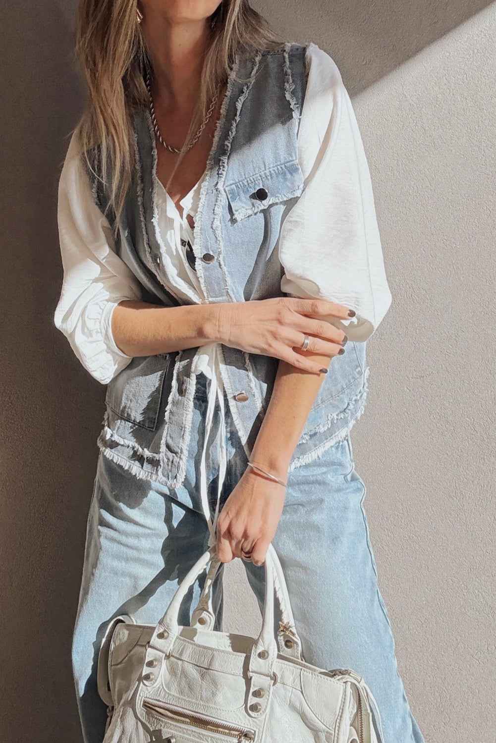 Beau Blue Frayed Edge Flap Pockets Denim Vest Jacket 34d3ead2b362f91b