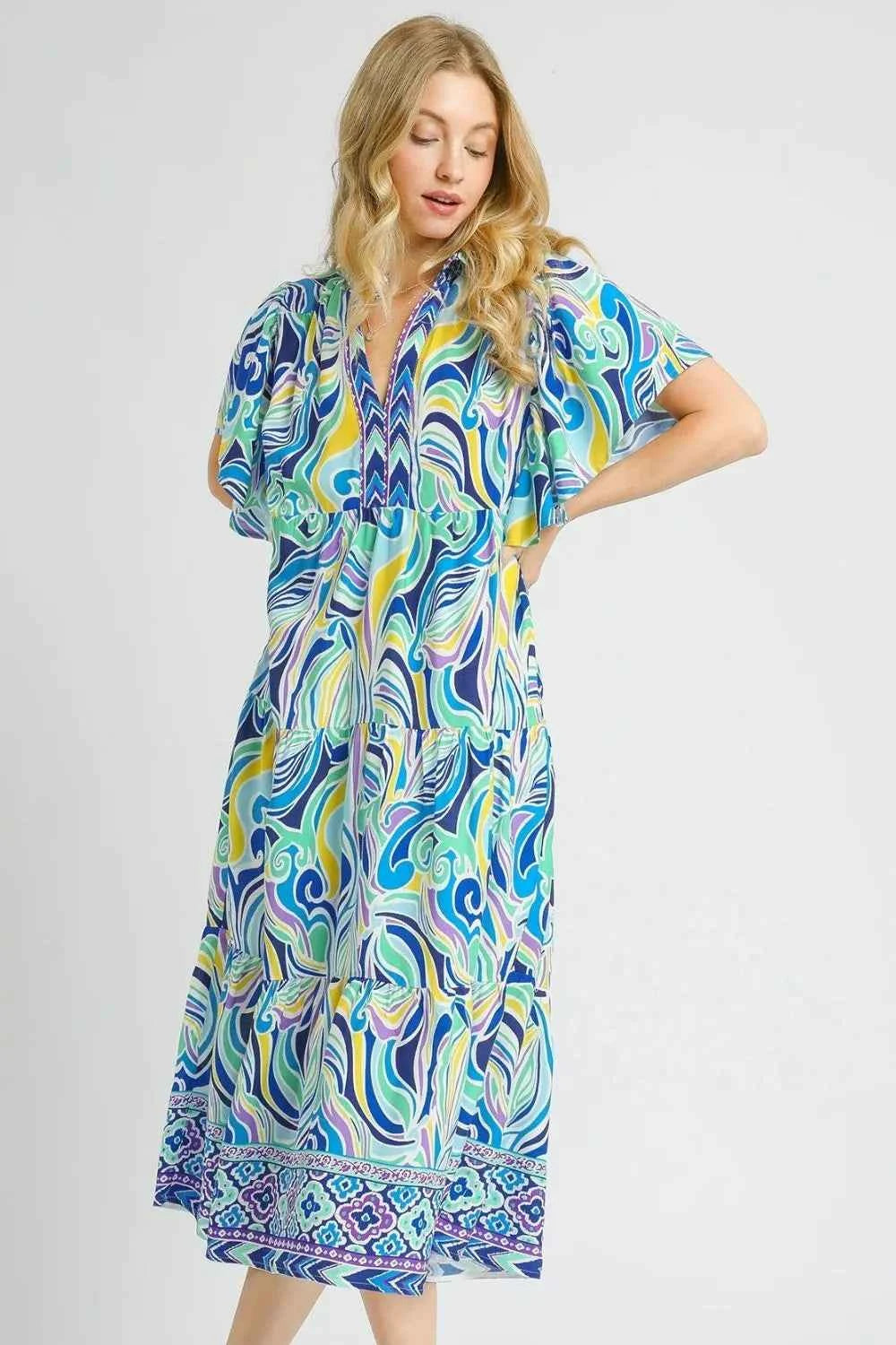 Umgee Printed Short Sleeve Tiered Midi Dress Pastel Blue 34ef827a-01a1-4941-bd87-647d68b159bd-Max-Origin