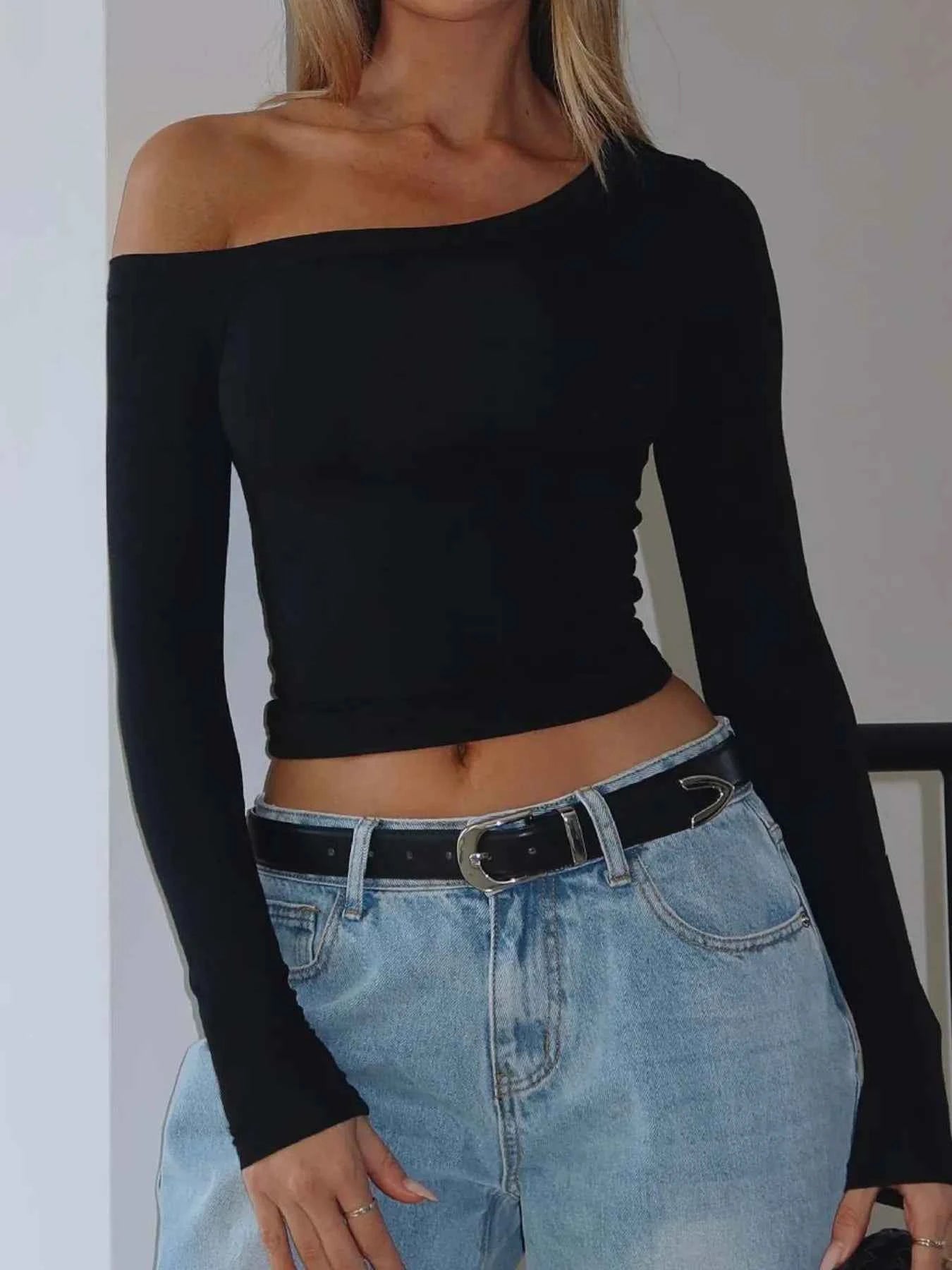 One Shoulder Long Sleeve Crop T-Shirt Black 34f24834882749f291f497f280f61f4a-Max-Origin