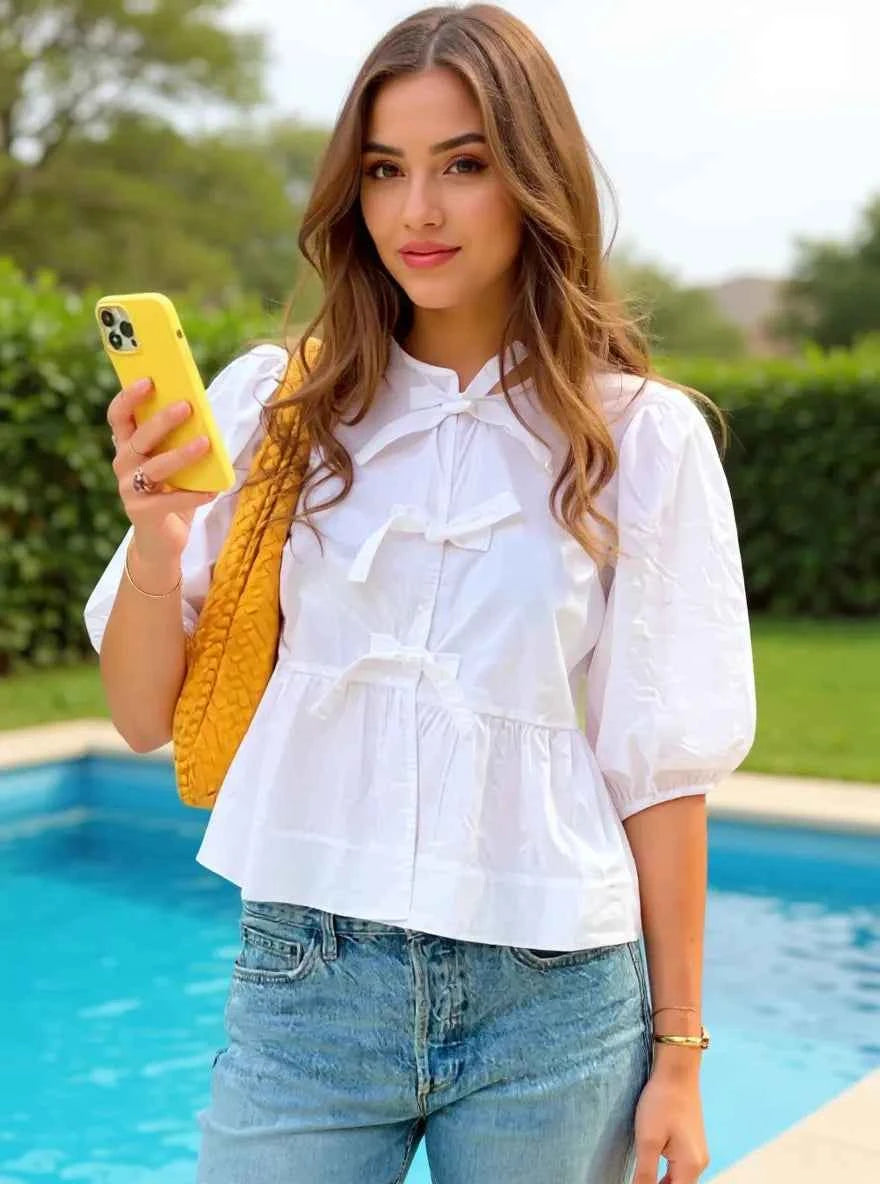 Puff Sleeve Bow Tie Blouse White 35a850cc-f640-4700-9542-d05dbe8aaab7-Max-Origin