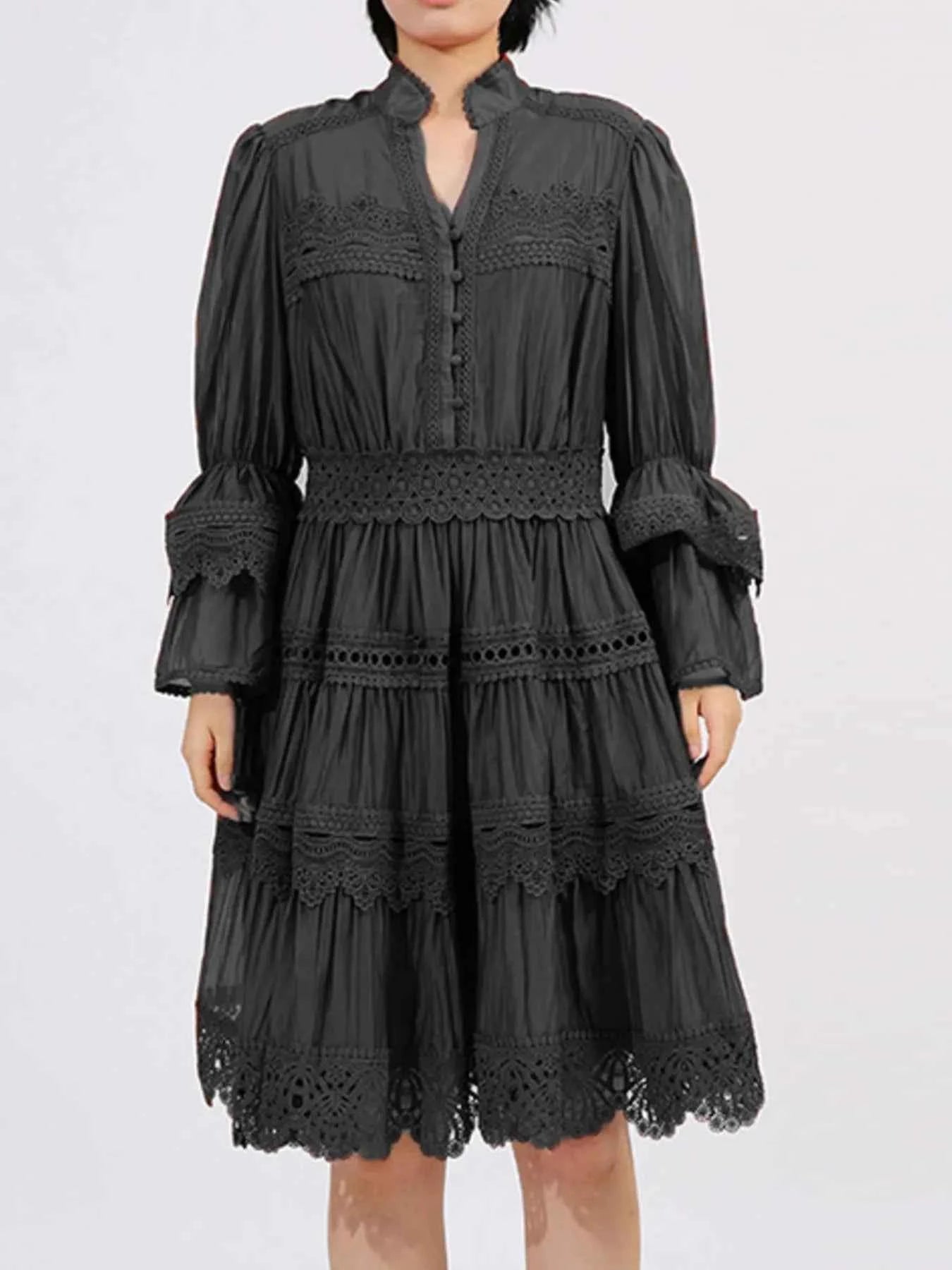 Ruffle Lace Trim Long Sleeve Dress Black 35e37d63-e4cf-4599-af46-f8af16340e6e-Max-Origin