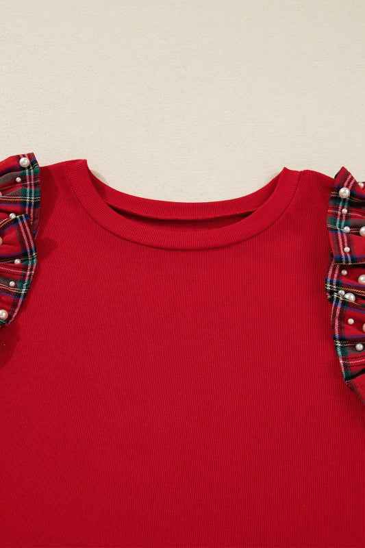Plus Size Christmas Plaid Pearl Ruffle Sleeve Holi 36135c4f-c5e2-4de8-9f97-78621cd3285b