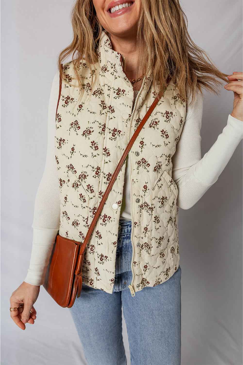 Apricot Floral Print Zip Up Quilted Warm Vest 367877cfa0f6fd7f