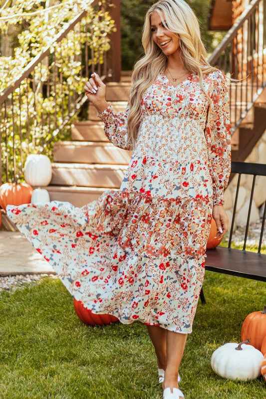 Floral V-Neck Ruffle Long Sleeve Midi Dress 36c7f571-1c94-48e4-8d60-4512397a08c2